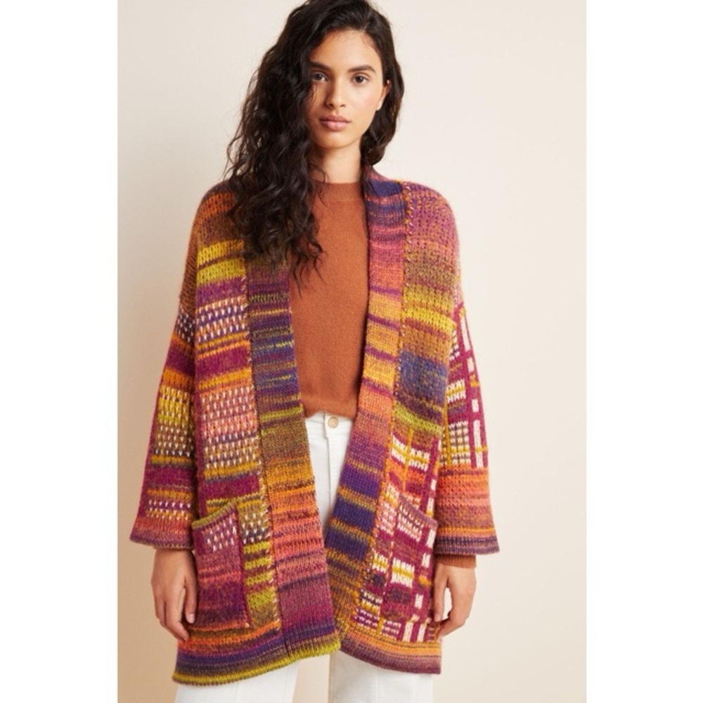 Anthropologie Tavia Longline Mixed Plaid Cardigan